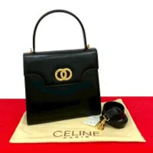 CELINE Circle Logo Leather Handbag Shoulder Black 227 3